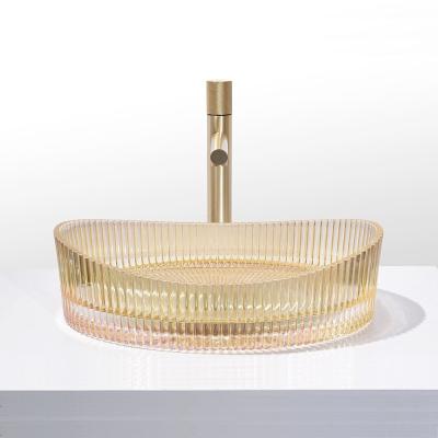 China Crystal Glass Vessel Basins In Electroplated Coating Rich Gold Color No Hole Mounting for sale
