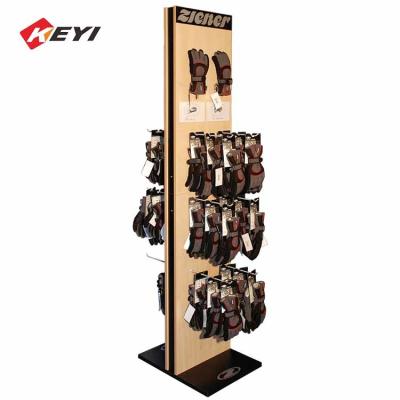 China Wooden Double Sided Floor Stand Motorbike Glove Display Rack With Hooks for sale