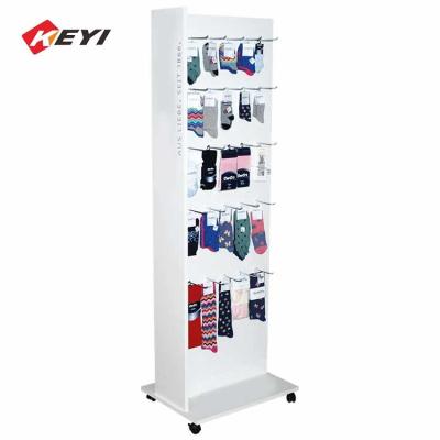 China Removable White Wood Display Stand Hanging Socks Display Shelf With 4 Caster for sale