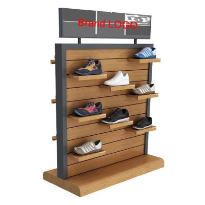 China Retail Store Double Sided Wooden Slatwall Shoe Display Stand With Shelves for sale