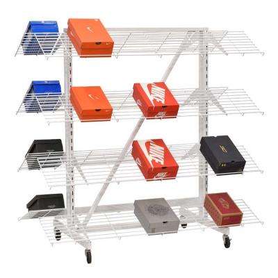 China Retail Store Double Sided Adjustable White Metal Frame Shoe Display Shelves With 4 Wheel for sale