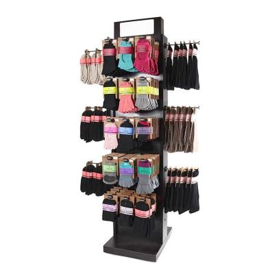 China Customized Floor Standing Wooden 4 Way Hanging Sock Display Rack With Hooks for sale