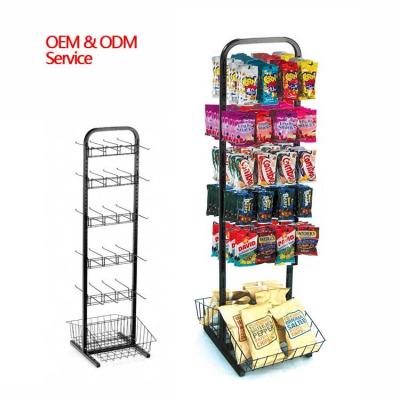 China Floor Stand Double Sided Snack Potato Chip Display Rack With 2 Wire Basket for sale
