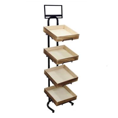 China Customize Bakery Floor Standing Black Metal Bread Dispaly With Wood Tray for sale