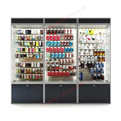China Mobile Phone Shop Furniture Stand Slatwall And Led Light Cell Phone Accessory Display Cabinet for sale