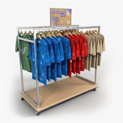 China Freestanding Metal And Wood Hanging Clothing Display Rack With 4 Wheel for sale