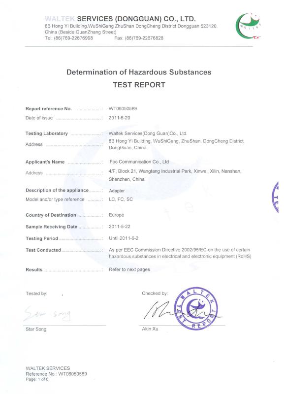 RoHS Certificate - Foc Communication CO.,LTD