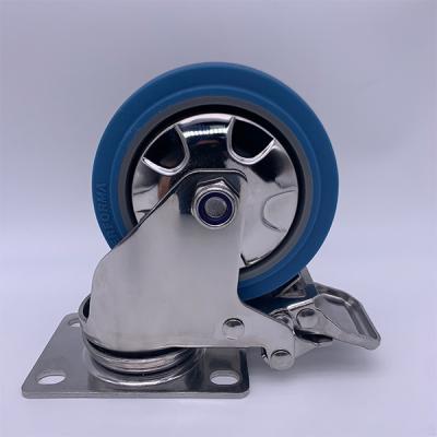 China 3 Inch Blue Rubber Brake Caster Wheels Stainless Steel Bracket for sale