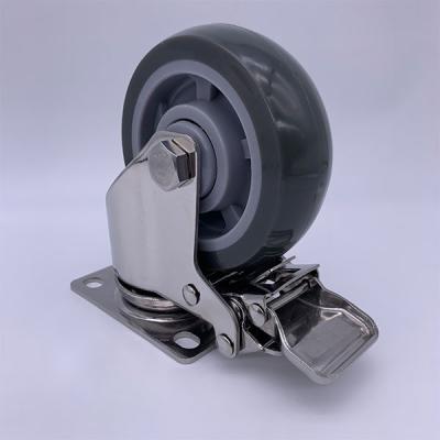 China 150kg Load Polyurethane Tread Stainless Steel Caster Wheels 5 Inch With Brake for sale