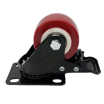 China Polyurethane Tread Red Light Duty Caster Wheels with brake Double Bearing 40MM for sale
