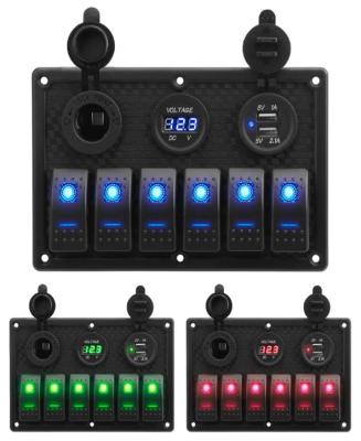China Waterproof Marine Boat Rocker Switch Panel 6 Gang With Dual USB Socket 3.1A Volt Meter Blue LED Light for sale