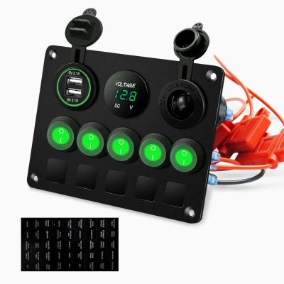 China Green LED Lights 5 Gang Rocker Switch Panel With Dual USB Slot Socket for sale