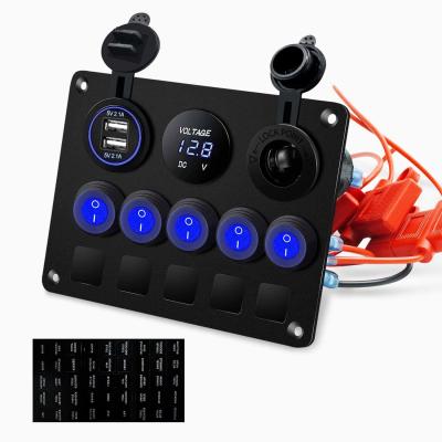 China 5 Gang Waterproof Rocker Switch Panel With Dual USB Slot Socket With Blue LED Lights for sale