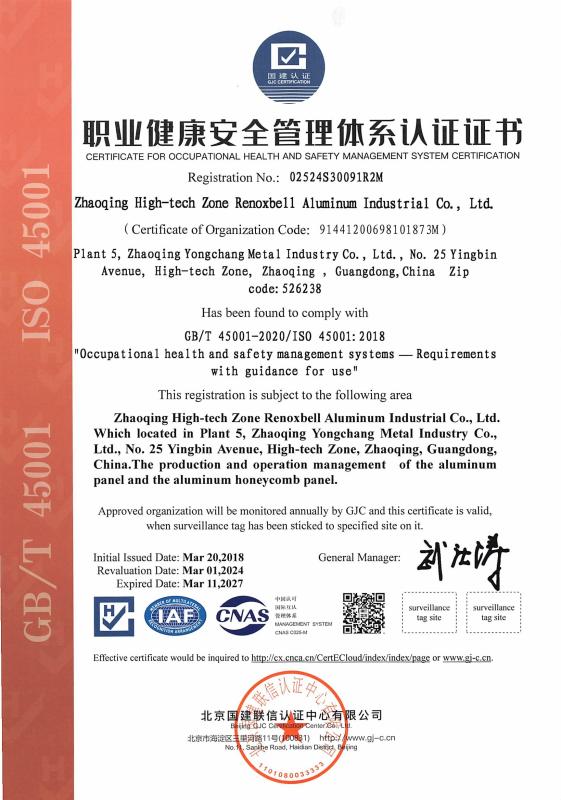 ISO 45001-2018 OCCUPATIONAL HEALTH AND SAFETY MANAGEMENT SYSTEM - Zhaoqing Hi-Tech Zone Renoxbell Aluminum Co., Ltd.