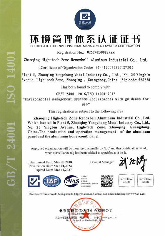 IS0 14001:2015 - Zhaoqing Hi-Tech Zone Renoxbell Aluminum Co., Ltd.