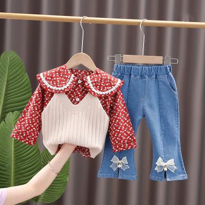 China 90cm Spring Children'S Clothing Floral Lapel Jeans Knit Vest Long Sleeve for sale