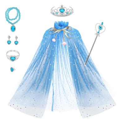 China Silk Dress Pink Blue Children'S Clothing Accessories Dress With Tiara Crown Cape Set for sale