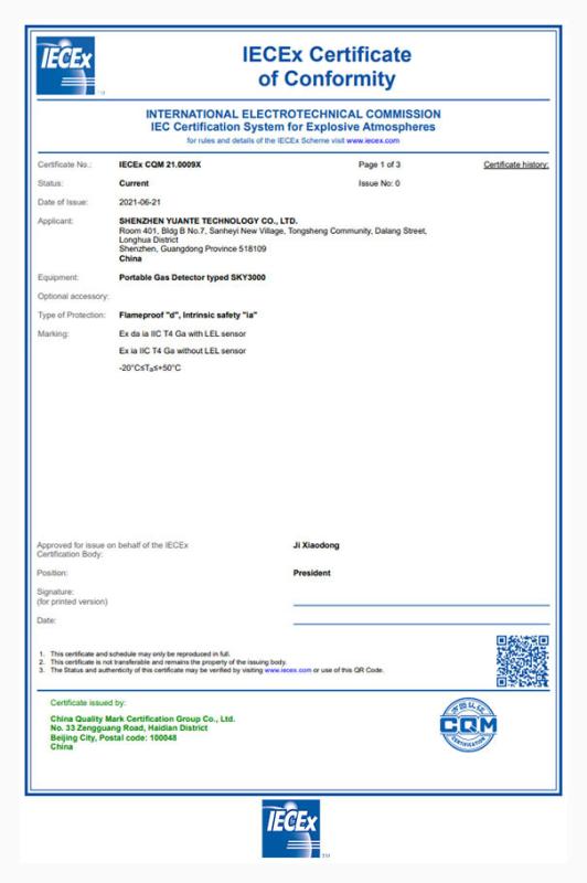 CNEX Explosion proof certificate - Shenzhen YuanTe Technology Co., Ltd. (Safegas)