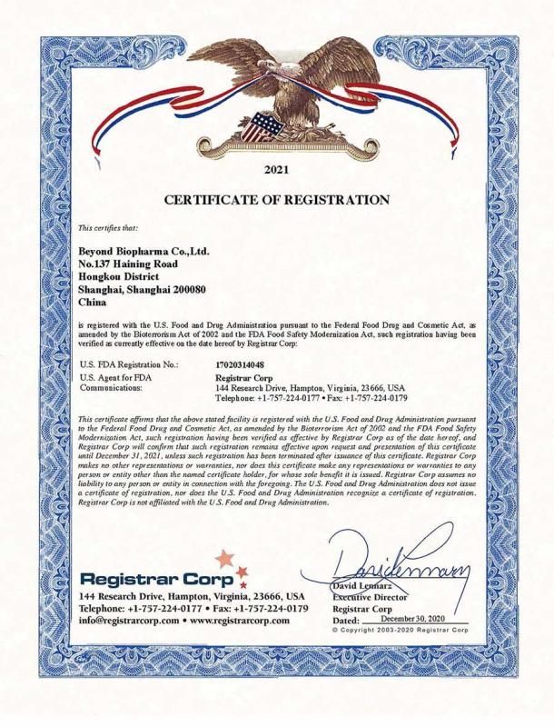 US FDA Registration - Beyond Bioherbal Co.,ltd.