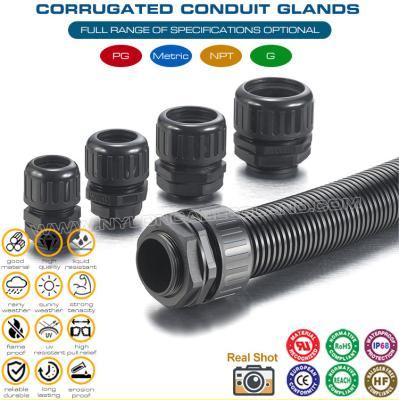 China IP68 Waterproof Plastic Corrugated Conduit Glands with PG Thread for AD10-AD54.5 Flexible Tubes for sale