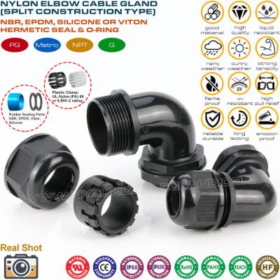 China Divided Type Right Angle (90° Elbow) Hermetic Metric Cable Glands IP68 with Locknuts & Flat Gaskets for sale