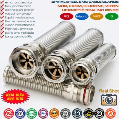 China NPT Thread Stainless Steel EMC Cable Glands (Cord Grips) IP68 with Spiral Flex Protector for sale