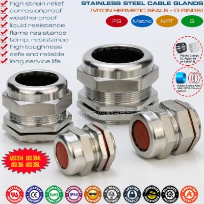 China IP68 Watertight PG Cable Glands Stainless Steel Inox 304, 316, 316L with Viton Fluororubber Seals & O-rings for sale