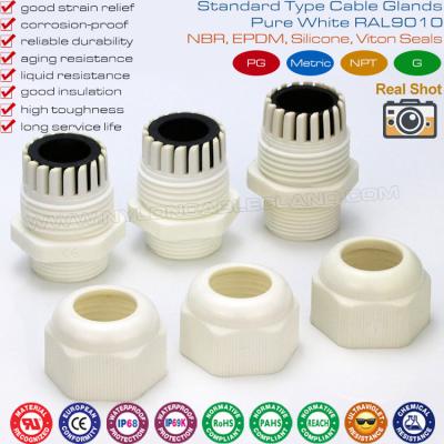 China Pure White M20 Cable Gland, IP68 Watertight Nylon Cable Entry Gland Adjustable Connector for 10-14mm Cable for sale