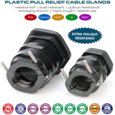 China PG & Metric Plastic IP68 Cable Glands Black RAL9005 with Extra Metal Clamp (Traction Relief Clamp) for sale