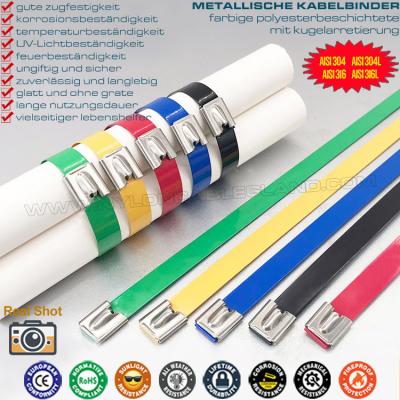 China Colored Epoxy (Polyester) Coated 304 Stainless Steel Cable Tie 12x300mm, 316 Stainless Metal Tie Wraps 490lbs for Pipes à venda