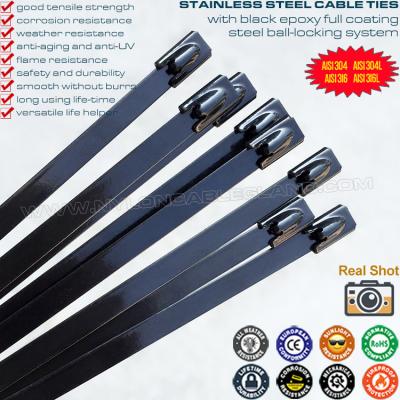 China 316/304 Stainless Steel Ball-lock Cable Tie 200mm x 7.9 with Black Epoxy Fully Coating (380lbs) for Outdoor Fence for sale