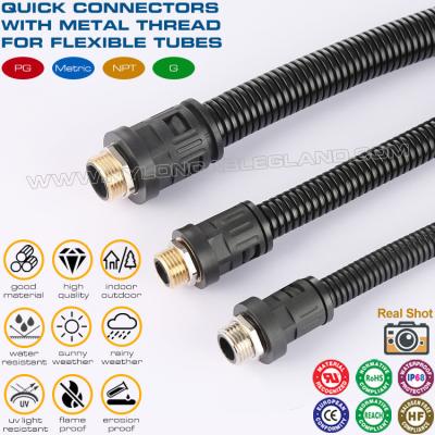 China Black RAL9005 Polyamide 6 Straight Quick Connectors M12~M63 with Metal Metric Thread for Corrugated Tubes AD10~AD54.5 for sale