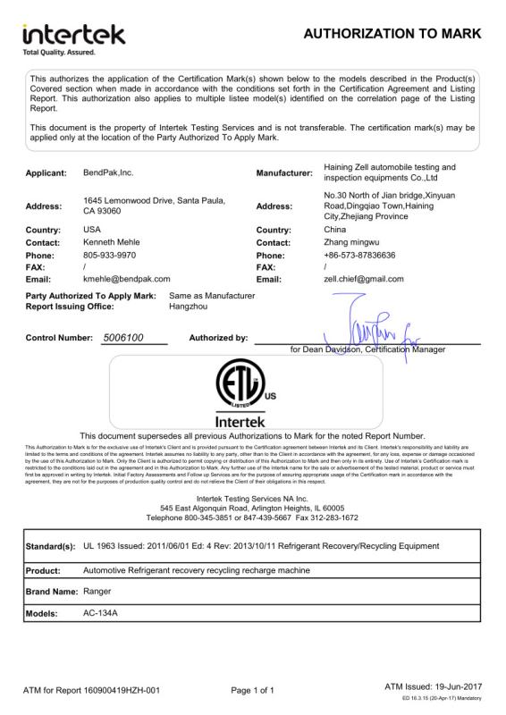 ETL - Haining Zell Automobile Testing And Inspection Equipments Co., Ltd.