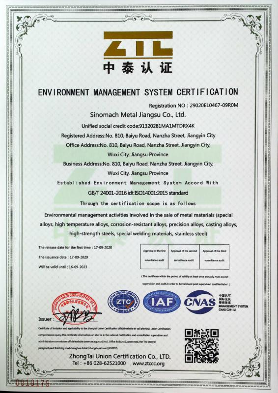 ISO14001:2015 - China Machinery Metal Jiangsu Co., Ltd.