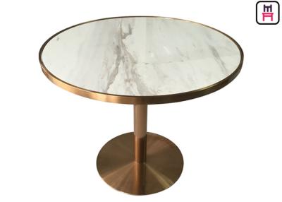 China Stainless Steel Rose Golden Restaurant Dining Table Luxury Marble Top with Golden Seam for sale