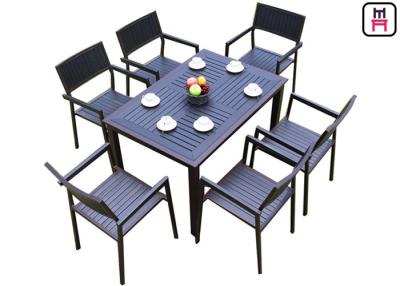 China 1 By 4 / 6 Outdoor Restaurant Tables Sets Plastic Wood Metal Frame Patio Dining Furniture for sale