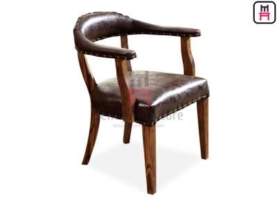 China Brown Indoor Rustic Leather Chair / Sturdy Oak Wood Dining Chair With Armrest for sale