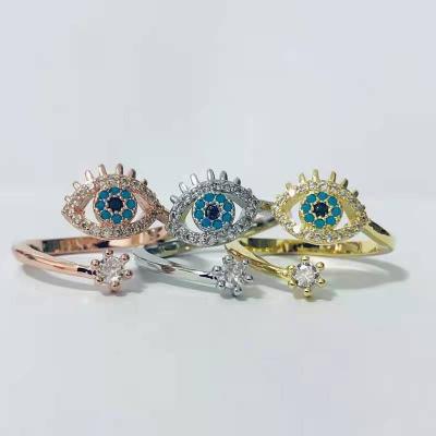 China CLASSIC Evil Eye Jewelry Women Personalized Blue CZ Crystal Blue Brass Diamond Adjustable Ring 18K Gold Plated Evil Eye Ring for sale