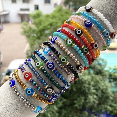 China 2021ins Popular Women's Geometric Multifaceted Colorful Crystal Beads Handmade Elastic Acrylic Beaded Multicolor Evil Eye Bracelet for sale