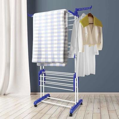 China Stainless Steel 3 Tier Blue Folding Laundry Drying Rack With Two Side Wings for sale