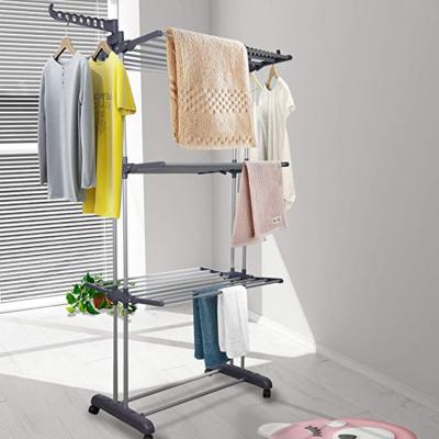 China Adjustable 3 Layers Foldable Clothes Drying Rack Stainless Steel Frame for sale