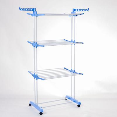 China 3 Tier Foldable Laundry Rack Movable With Wheels And Hooks for sale