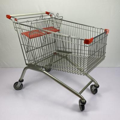 China 275L European Style Supermarket Trolley Carry Large Capacity Metal Cart With Foldable Double Child Seats for sale