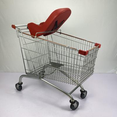 China 240L European Supermarket Style Metal Shopping Trolley With Large Capacity Storage Cart And Baby Lounge Seat for sale