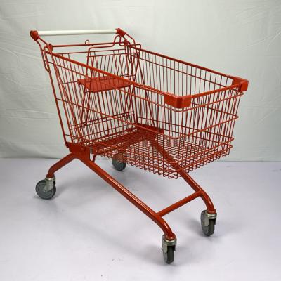 China Red Spray 180L European Metal Shopping Trolley Cart With White Handle TPR Wheels for sale