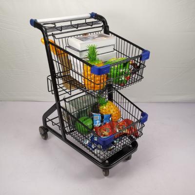 China Black Powder Coating Shopping Basket Trolley Two Layer Grocery Store Cart for sale