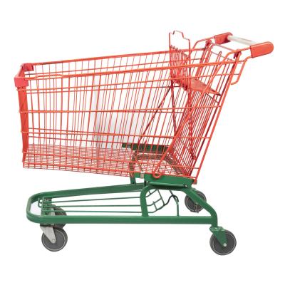 中国 金属の網のバスケットのトロリー食料雑貨は最下フレームが付いている赤い緑ワイヤー ショッピング トロリーを運ぶ 販売のため