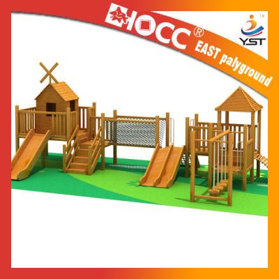 China Funny Outdoor Wooden Play Structures , Wooden Climbing Frame With Slide for sale
