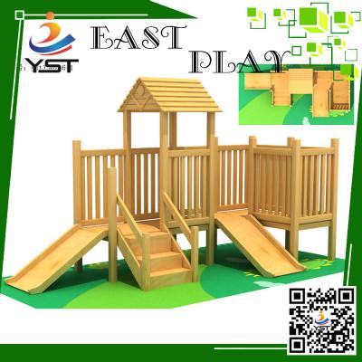 China Indoor Wooden Playground Equipment , Childrens Wooden Playhouse With Slide for sale