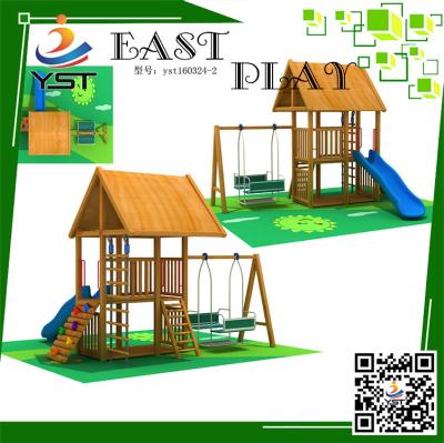 China CE Certificated Wooden Playground Equipment , Wooden Swing And Slide Set for sale